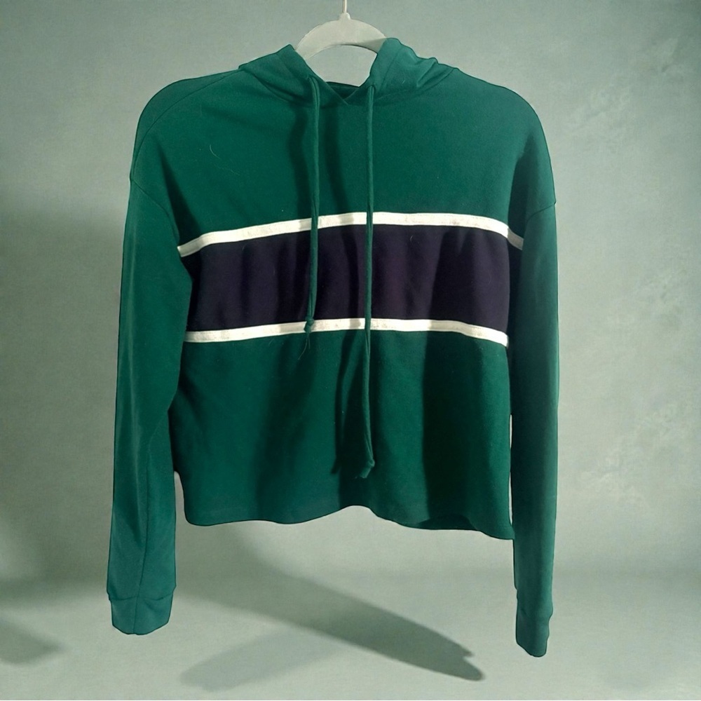 VTG Colorblock Dark Green and Navy Women's Hoodie Cropped 90s Style Sz Small - Picture 2 of 4